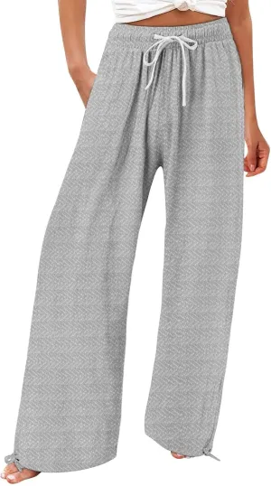 Women's Striped Cotton Linen Wide Leg Pants Summer Casual Comfy Pants with Pockets 2025 Drawstring Elastic Waist Trousers