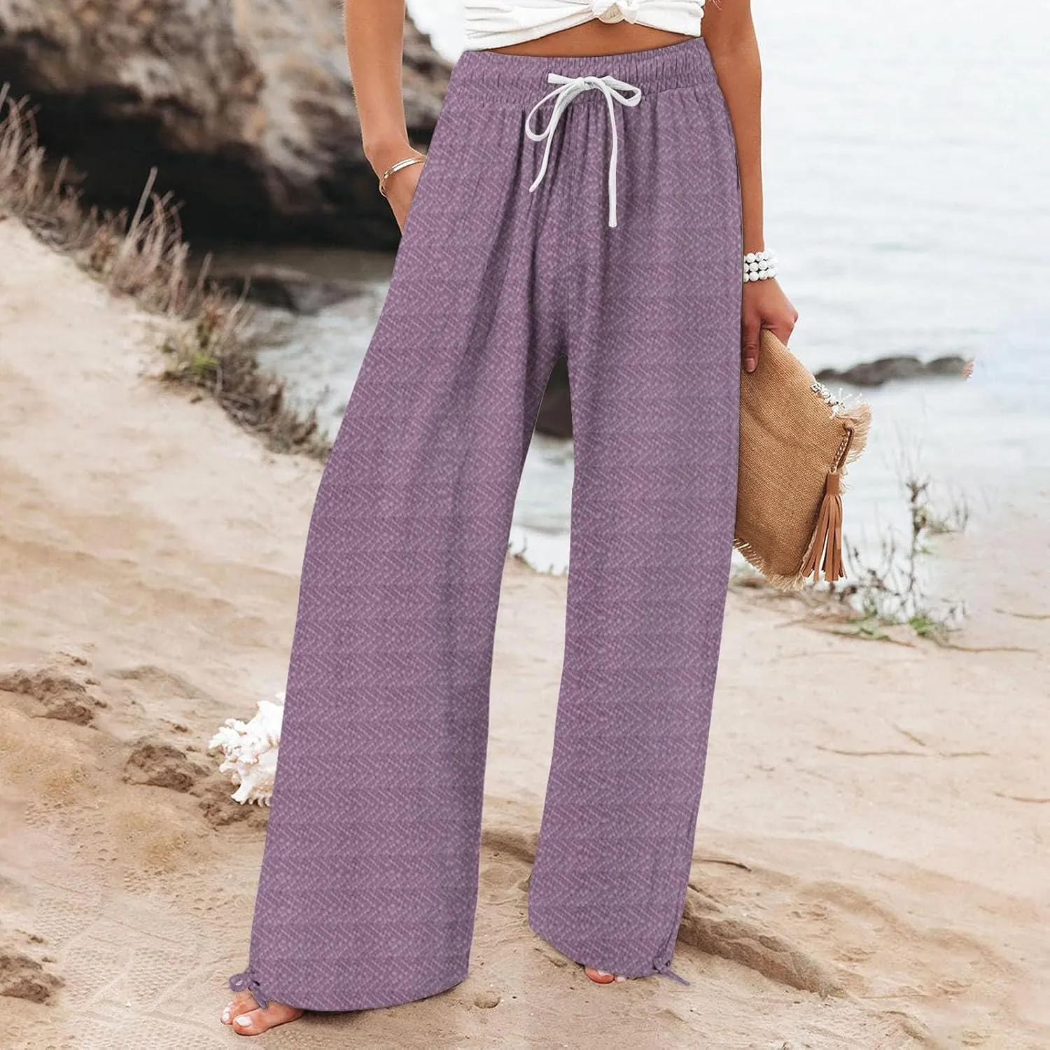 Women's Striped Cotton Linen Wide Leg Pants Summer Casual Comfy Pants with Pockets 2025 Drawstring Elastic Waist Trousers
