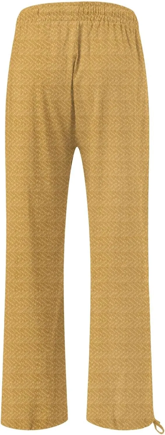 Women's Striped Cotton Linen Wide Leg Pants Summer Casual Comfy Pants with Pockets 2025 Drawstring Elastic Waist Trousers