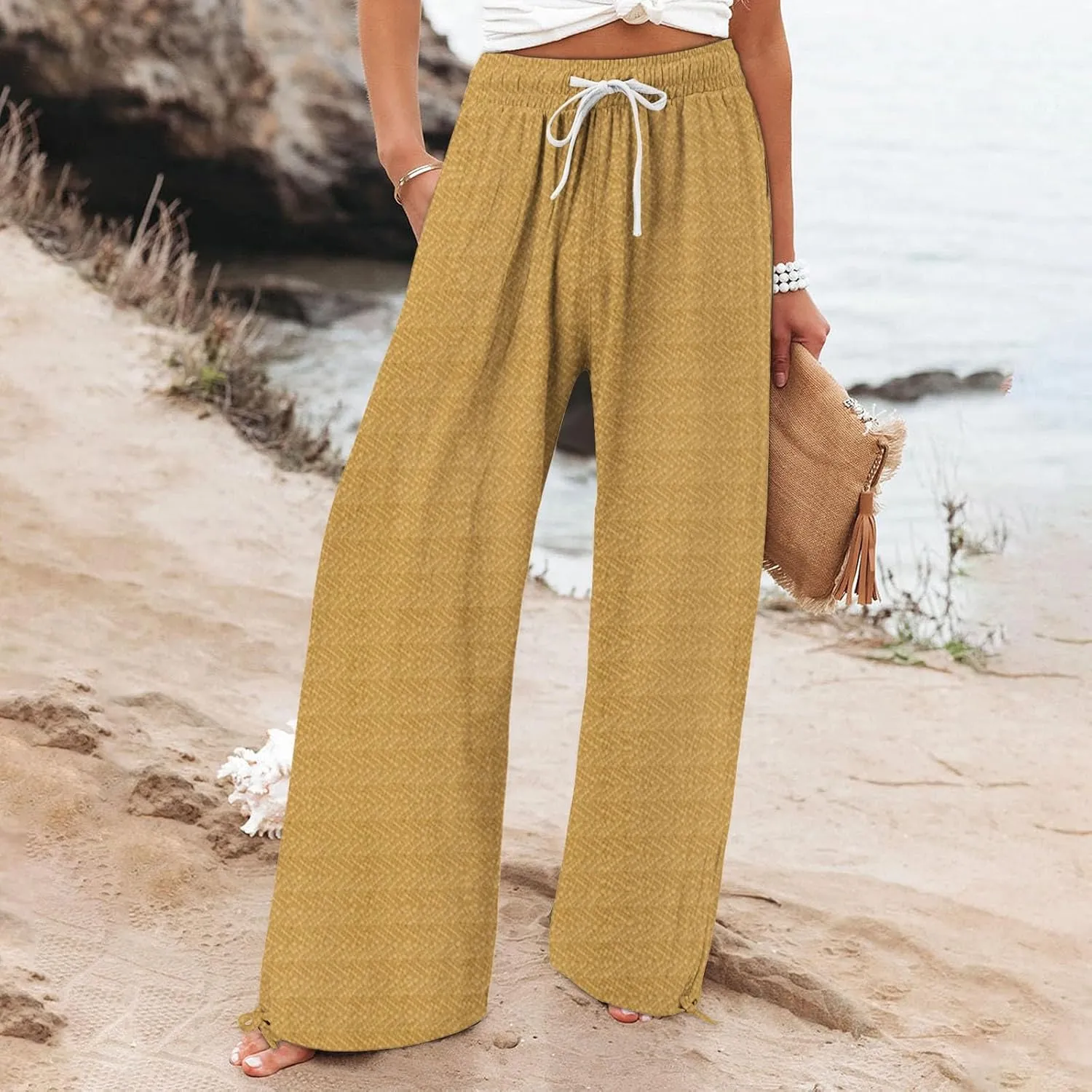Women's Striped Cotton Linen Wide Leg Pants Summer Casual Comfy Pants with Pockets 2025 Drawstring Elastic Waist Trousers