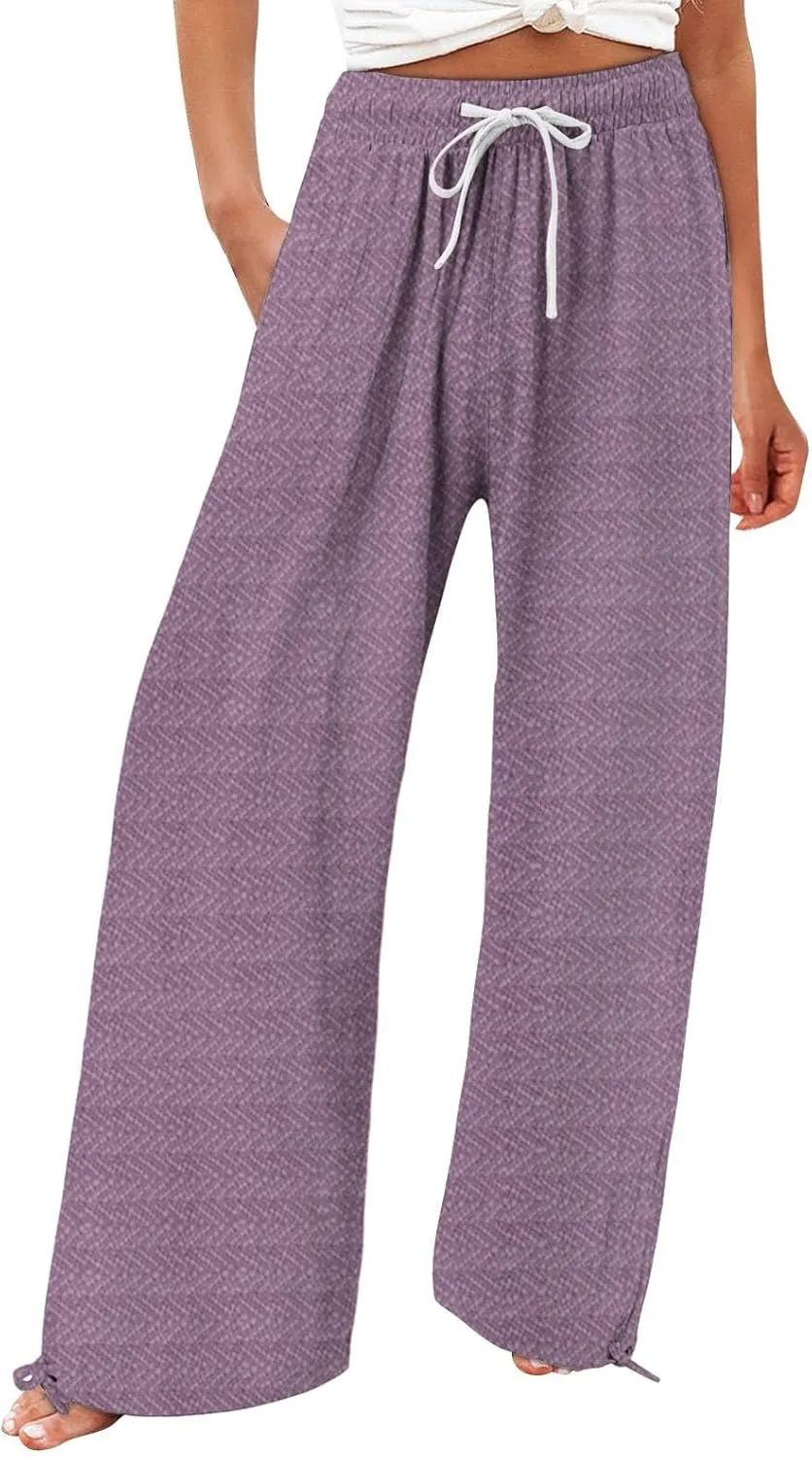 Women's Striped Cotton Linen Wide Leg Pants Summer Casual Comfy Pants with Pockets 2025 Drawstring Elastic Waist Trousers