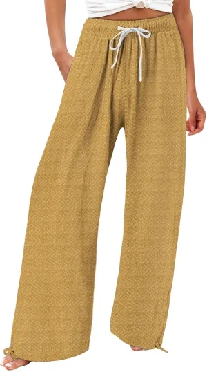 Women's Striped Cotton Linen Wide Leg Pants Summer Casual Comfy Pants with Pockets 2025 Drawstring Elastic Waist Trousers