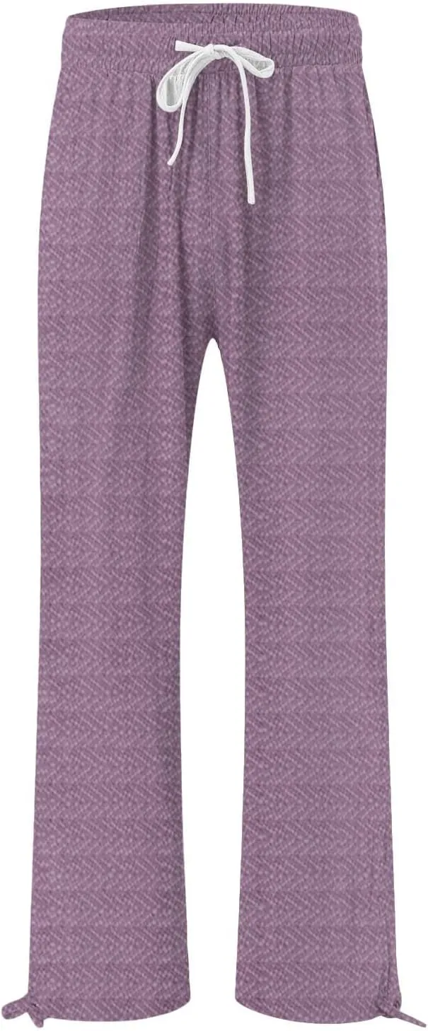 Women's Striped Cotton Linen Wide Leg Pants Summer Casual Comfy Pants with Pockets 2025 Drawstring Elastic Waist Trousers