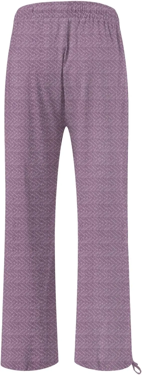 Women's Striped Cotton Linen Wide Leg Pants Summer Casual Comfy Pants with Pockets 2025 Drawstring Elastic Waist Trousers