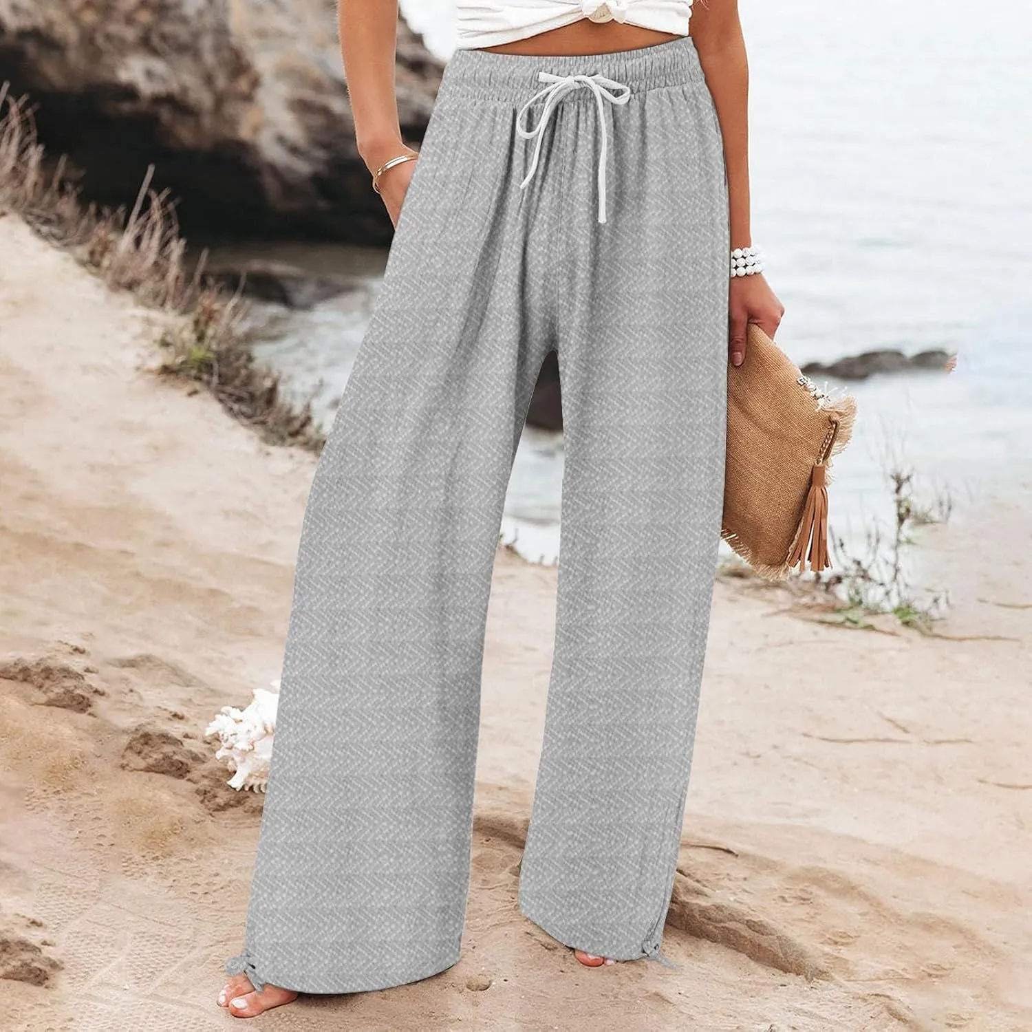 Women's Striped Cotton Linen Wide Leg Pants Summer Casual Comfy Pants with Pockets 2025 Drawstring Elastic Waist Trousers
