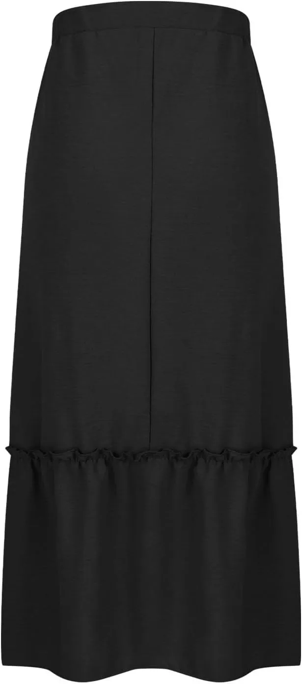 Womens Summer Beach Skirts Lace-Up Elastic Waist Fashion Solid Color A-Line Flowy Skirt Wrinkle Midi Skirts