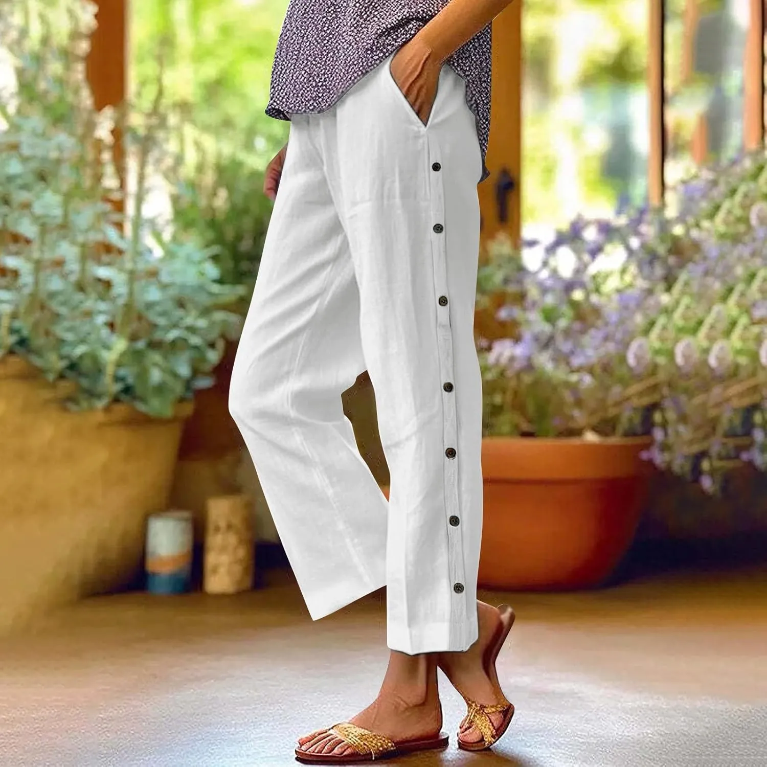 Womens Summer Cotton Linen Palazzo Pants Casual Loose Elastic Waist Side Button Cropped Leg Trousers with Pockets