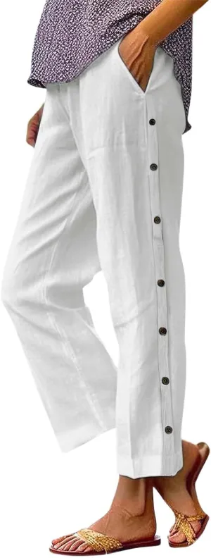 Womens Summer Cotton Linen Palazzo Pants Casual Loose Elastic Waist Side Button Cropped Leg Trousers with Pockets