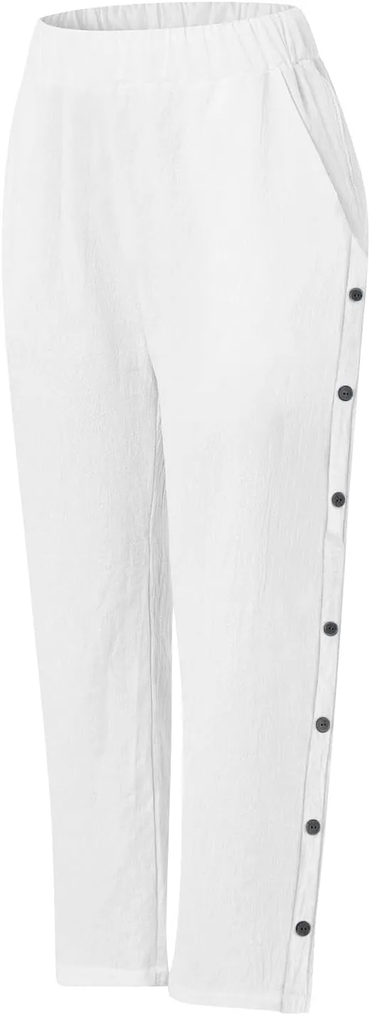Womens Summer Cotton Linen Palazzo Pants Casual Loose Elastic Waist Side Button Cropped Leg Trousers with Pockets