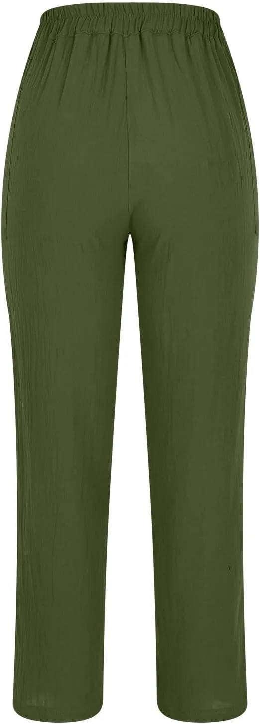 Womens Summer Cotton Linen Pants Wide Leg High Waist Palazzo Pants Lightweight Loose Fit Beach Pants Casual Trousers
