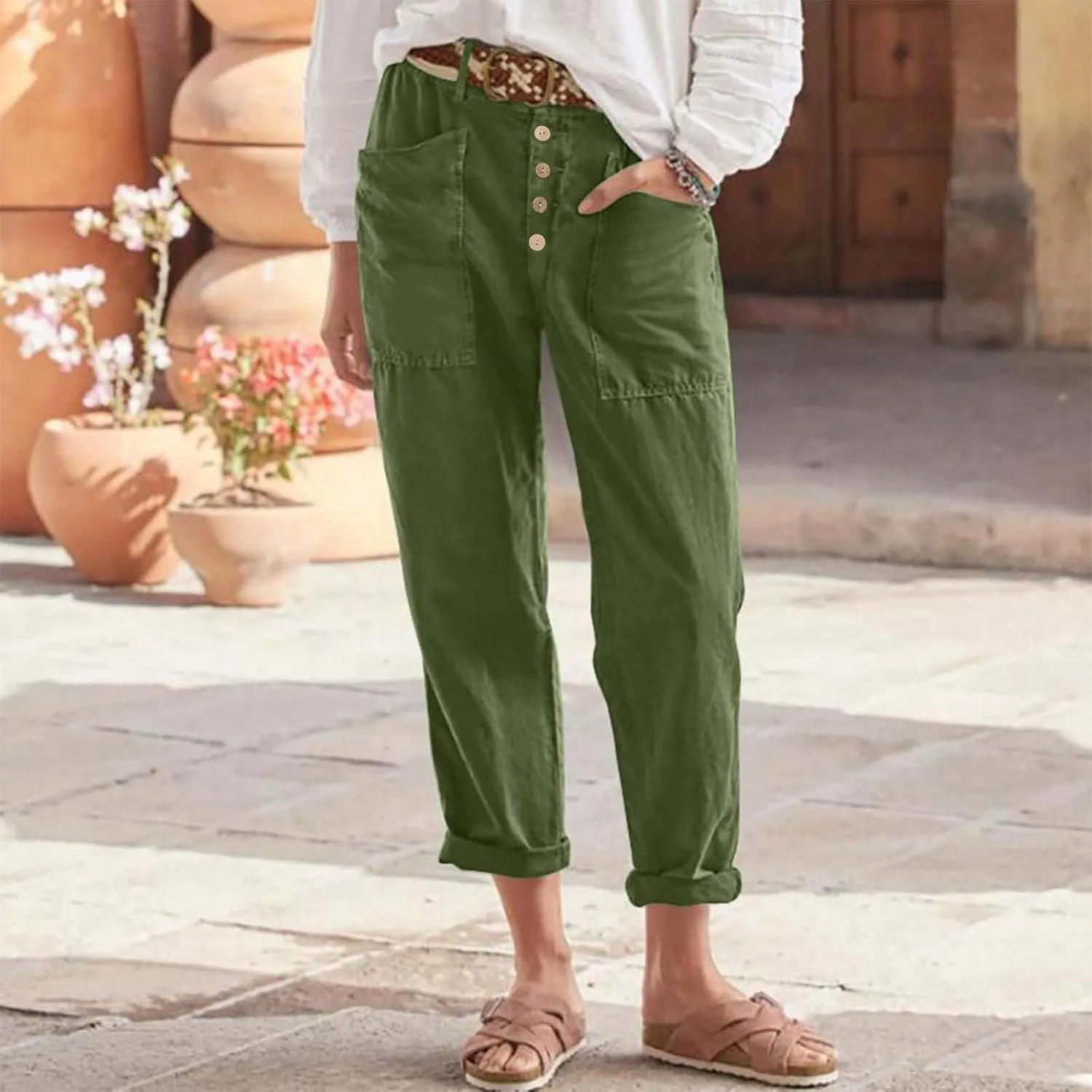 Womens Summer Cotton Linen Pants Wide Leg High Waist Palazzo Pants Lightweight Loose Fit Beach Pants Casual Trousers