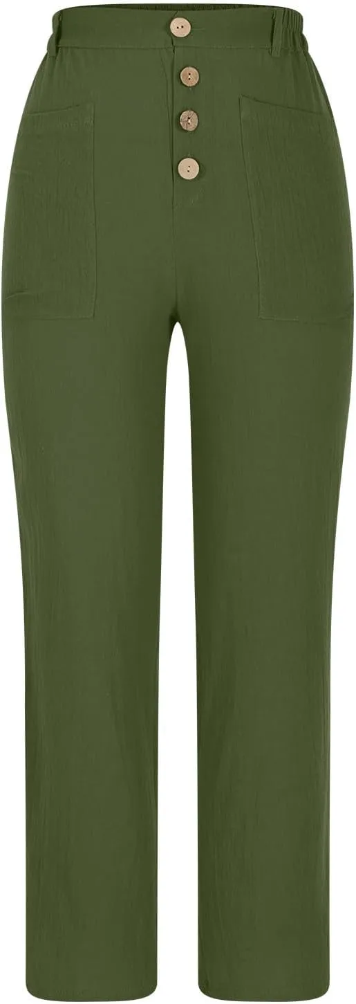 Womens Summer Cotton Linen Pants Wide Leg High Waist Palazzo Pants Lightweight Loose Fit Beach Pants Casual Trousers