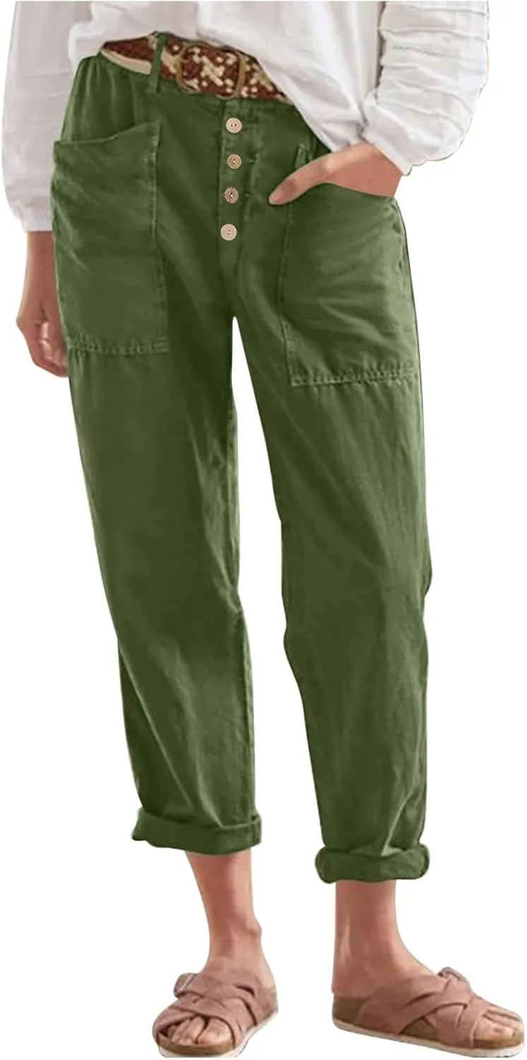 Womens Summer Cotton Linen Pants Wide Leg High Waist Palazzo Pants Lightweight Loose Fit Beach Pants Casual Trousers