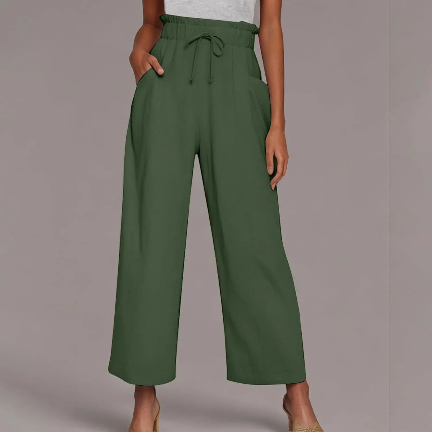 Womens Summer Fashion Cotton Linen Pants Solid Work Casual High Waist Loose Fit Drawstring Trousers with Pockets