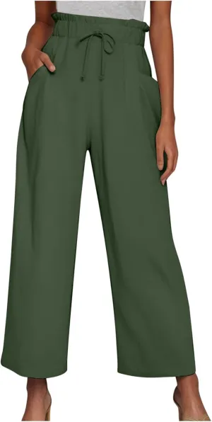 Womens Summer Fashion Cotton Linen Pants Solid Work Casual High Waist Loose Fit Drawstring Trousers with Pockets