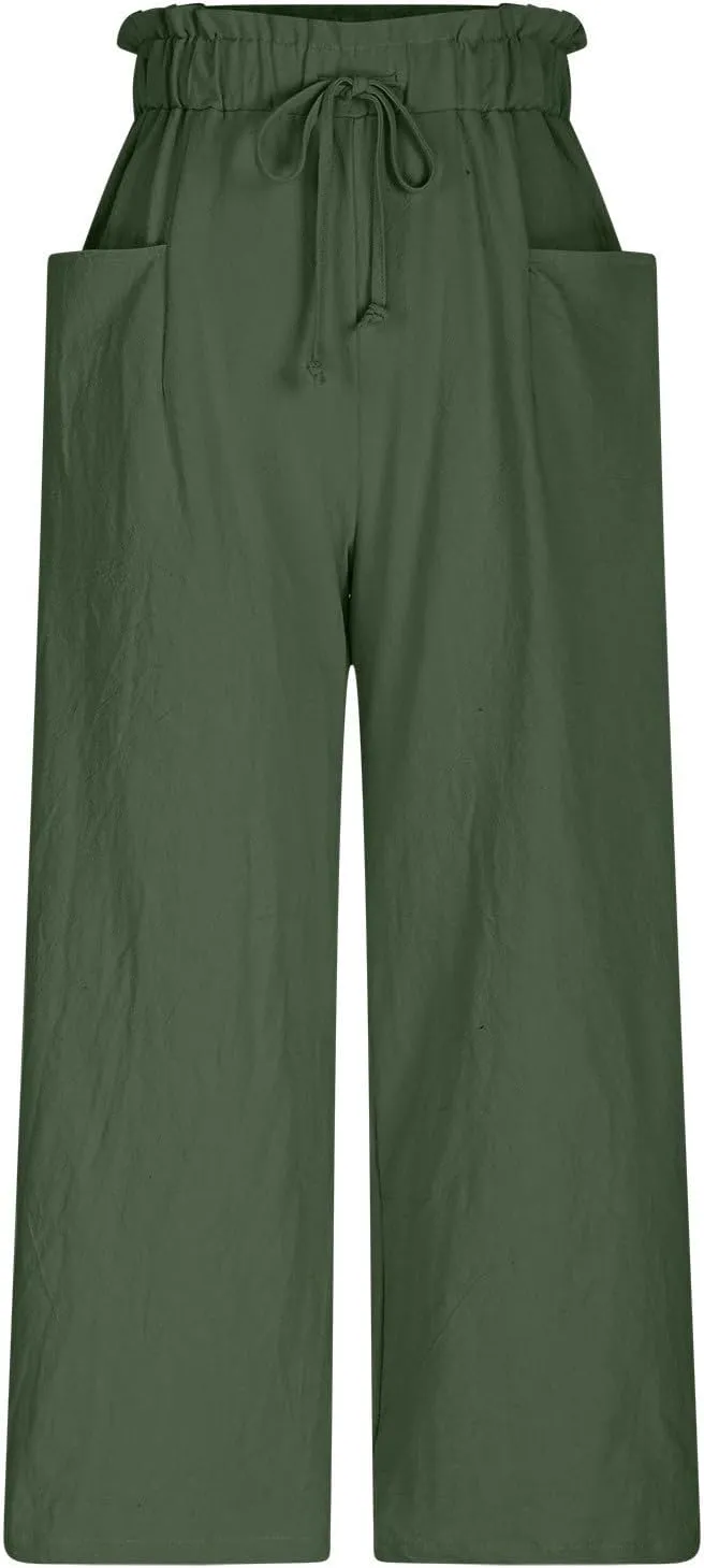 Womens Summer Fashion Cotton Linen Pants Solid Work Casual High Waist Loose Fit Drawstring Trousers with Pockets