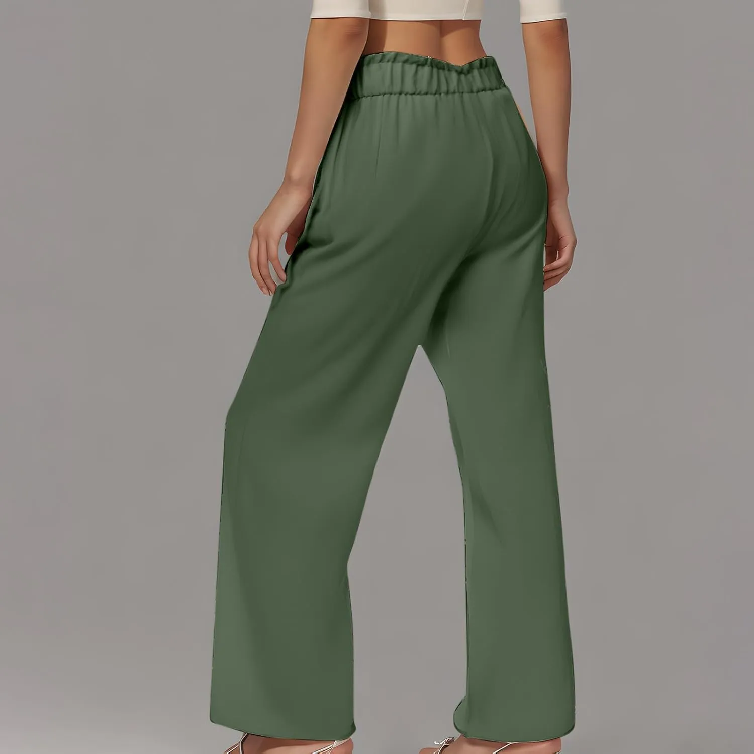 Womens Summer Fashion Cotton Linen Pants Solid Work Casual High Waist Loose Fit Drawstring Trousers with Pockets