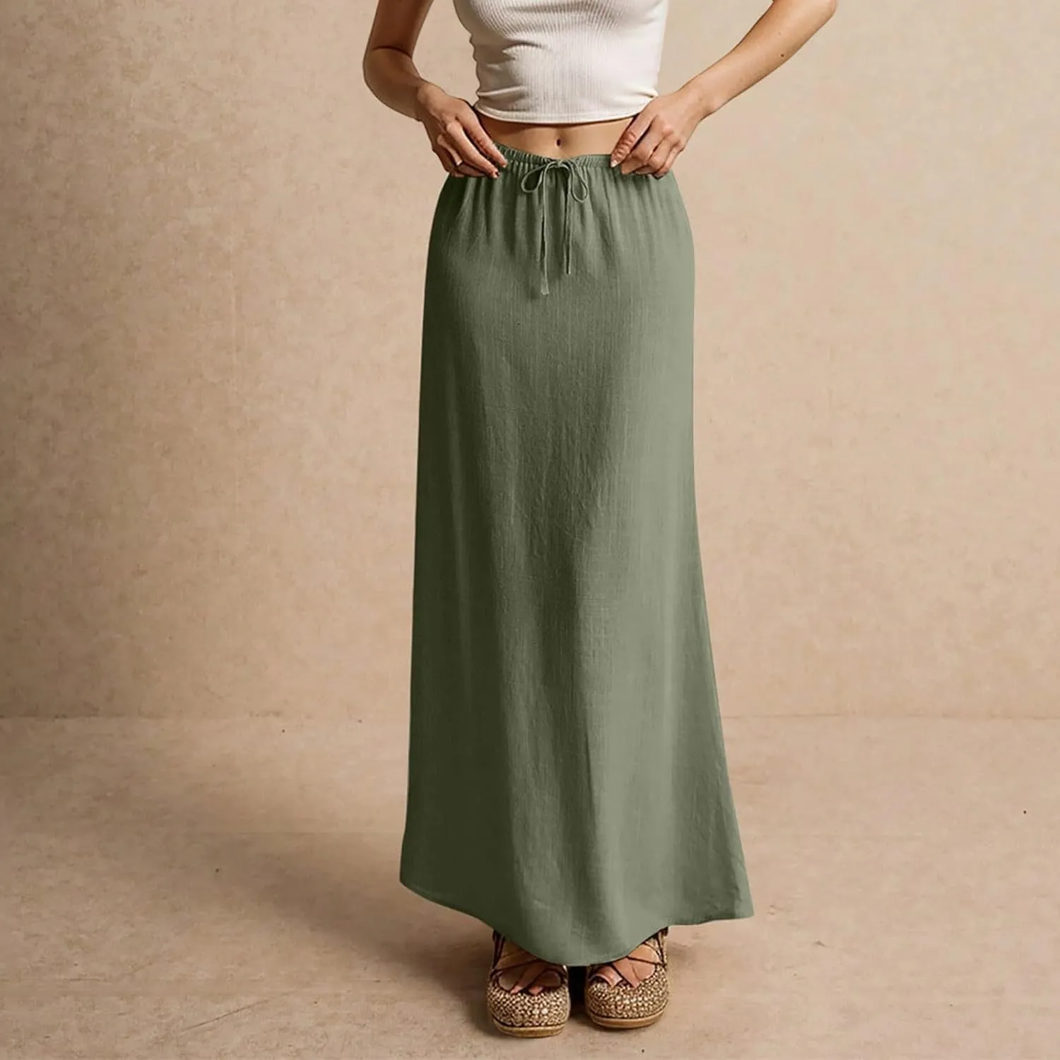 Womens Summer Flowy Linen A-Line Maxi Skirt 2025 Fashion Elastic Waist Pleated Long Beach Skirt