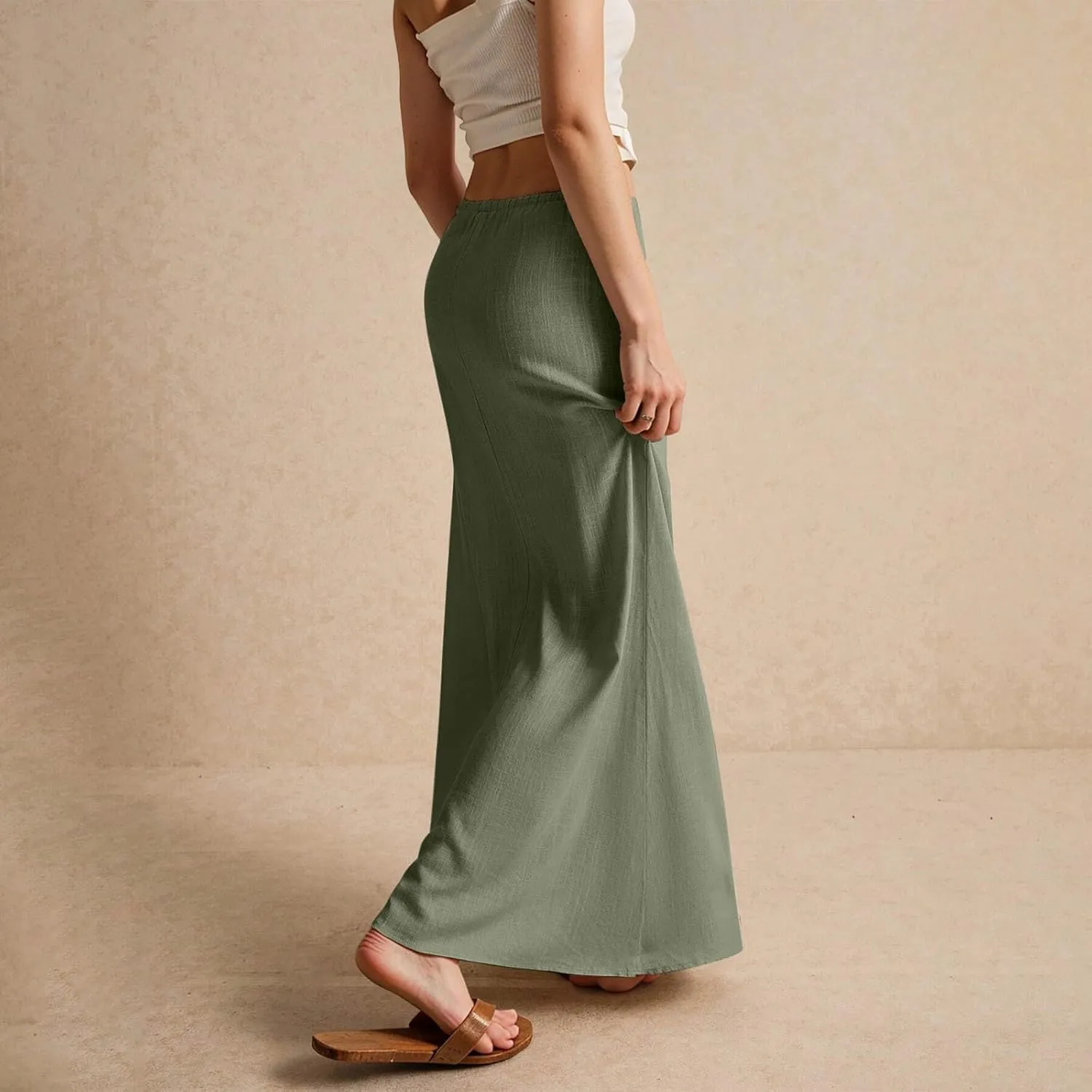 Womens Summer Flowy Linen A-Line Maxi Skirt 2025 Fashion Elastic Waist Pleated Long Beach Skirt