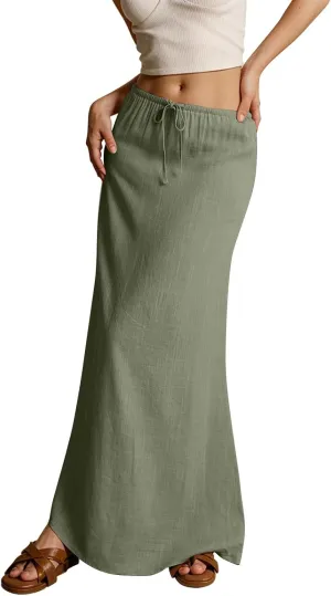 Womens Summer Flowy Linen A-Line Maxi Skirt 2025 Fashion Elastic Waist Pleated Long Beach Skirt