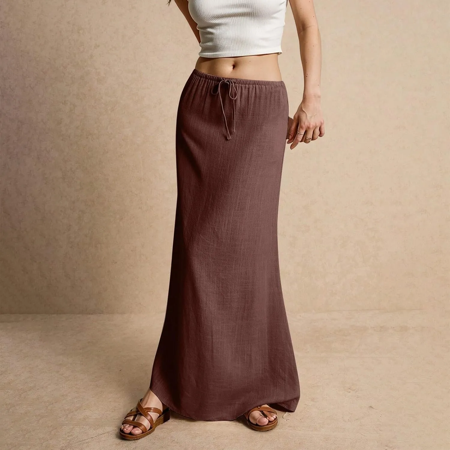 Womens Summer Flowy Linen A-Line Maxi Skirt 2025 Fashion Elastic Waist Pleated Long Beach Skirt