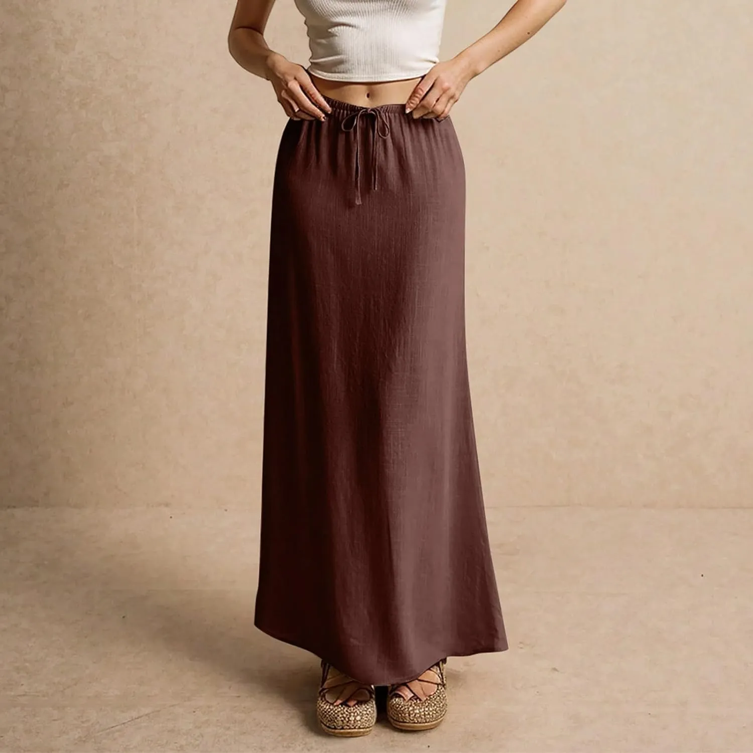 Womens Summer Flowy Linen A-Line Maxi Skirt 2025 Fashion Elastic Waist Pleated Long Beach Skirt