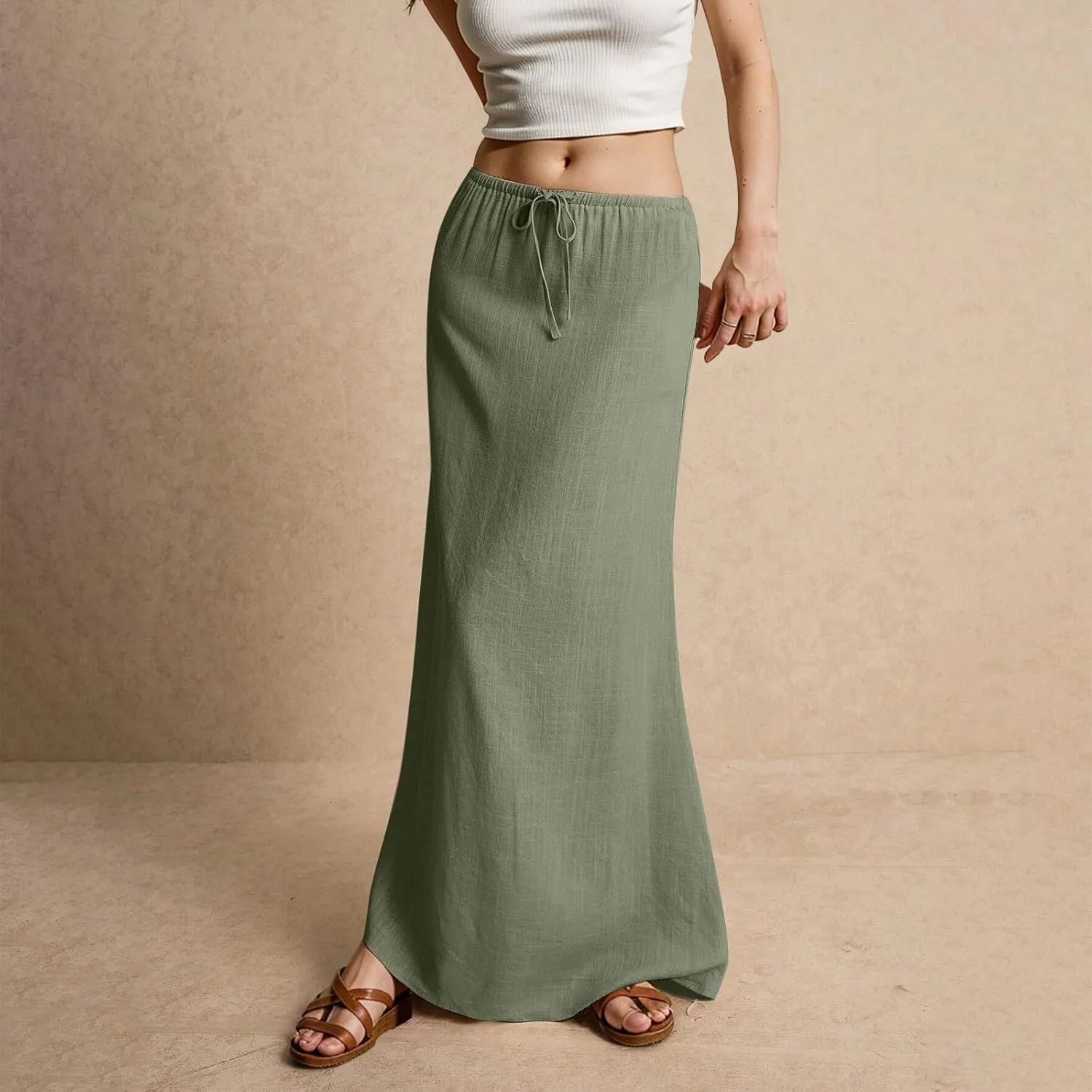 Womens Summer Flowy Linen A-Line Maxi Skirt 2025 Fashion Elastic Waist Pleated Long Beach Skirt