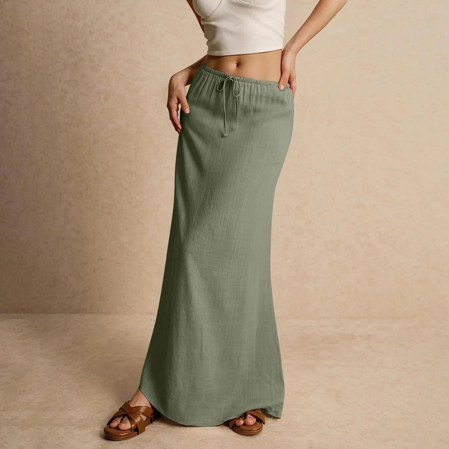 Womens Summer Flowy Linen A-Line Maxi Skirt 2025 Fashion Elastic Waist Pleated Long Beach Skirt