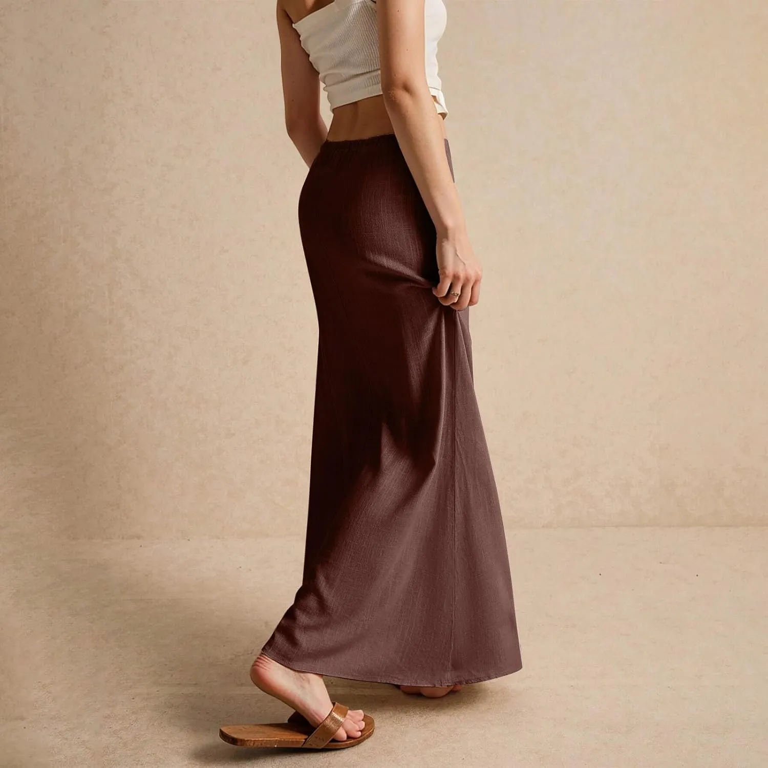 Womens Summer Flowy Linen A-Line Maxi Skirt 2025 Fashion Elastic Waist Pleated Long Beach Skirt