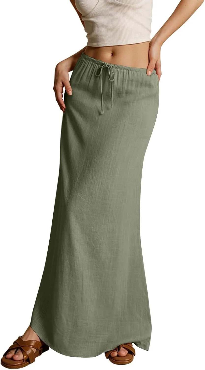 Womens Summer Flowy Linen A-Line Maxi Skirt 2025 Fashion Elastic Waist Pleated Long Beach Skirt