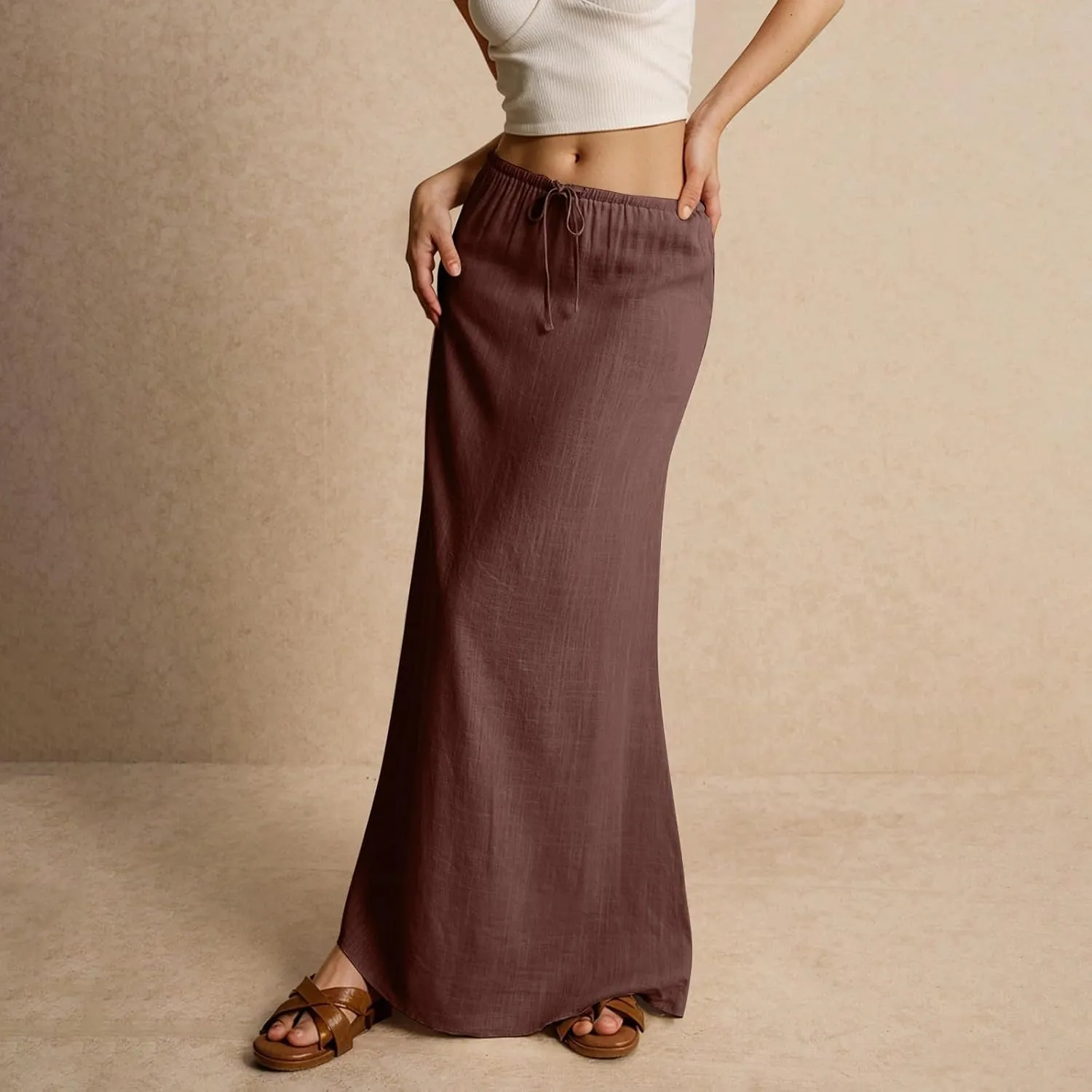 Womens Summer Flowy Linen A-Line Maxi Skirt 2025 Fashion Elastic Waist Pleated Long Beach Skirt