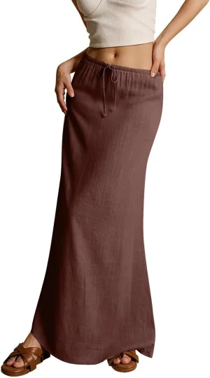 Womens Summer Flowy Linen A-Line Maxi Skirt 2025 Fashion Elastic Waist Pleated Long Beach Skirt