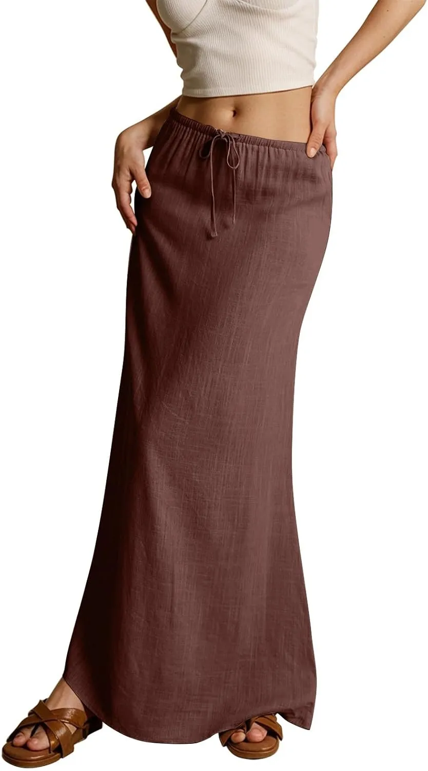 Womens Summer Flowy Linen A-Line Maxi Skirt 2025 Fashion Elastic Waist Pleated Long Beach Skirt