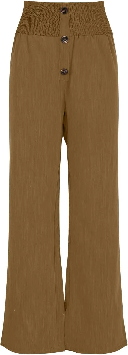 Womens Summer Linen Palazzo Pants Lounge Loose High Waist Trousers Solid Color Comfy Pants 2025 Trendy Casual Joggers