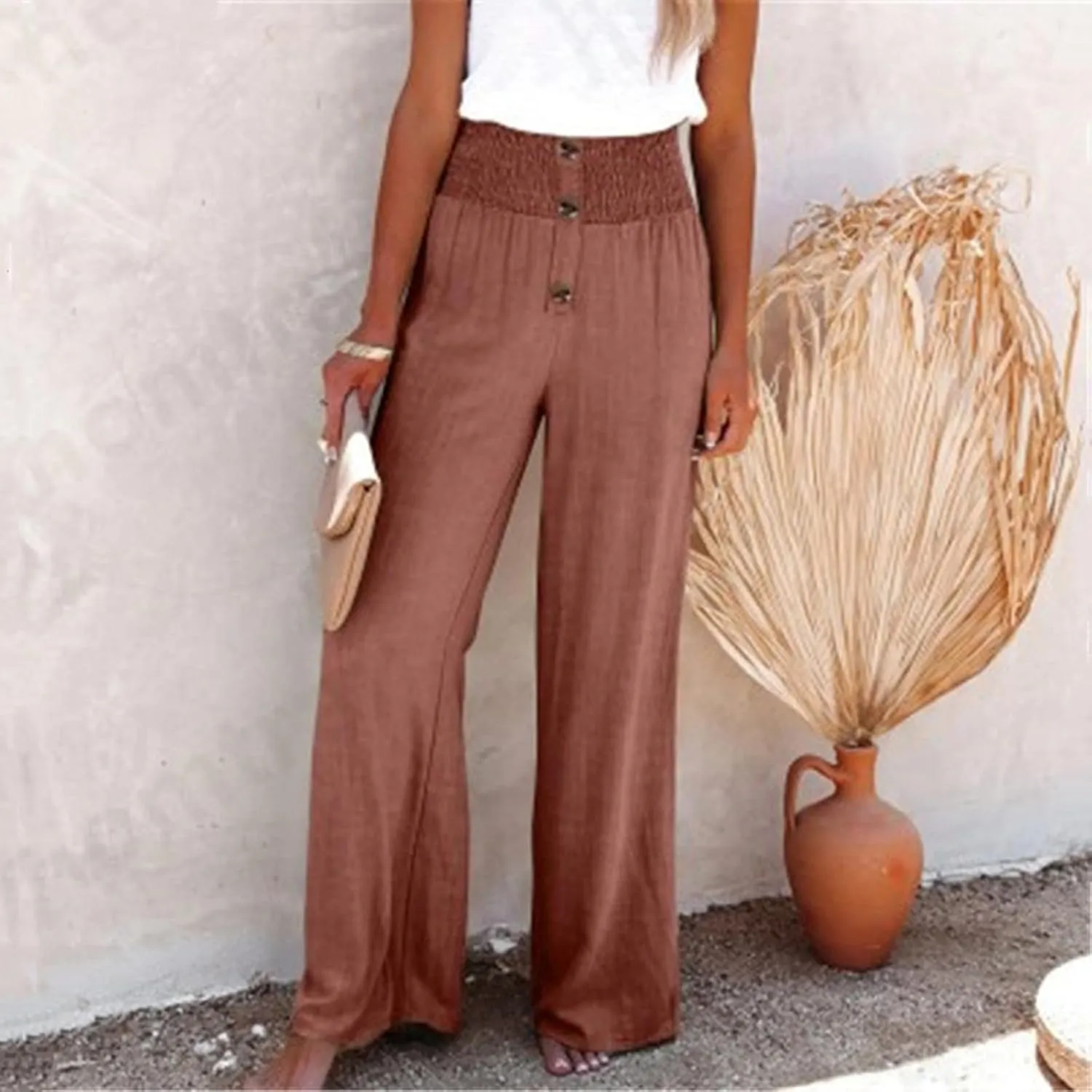 Womens Summer Linen Palazzo Pants Lounge Loose High Waist Trousers Solid Color Comfy Pants 2025 Trendy Casual Joggers