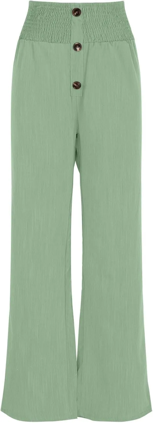 Womens Summer Linen Palazzo Pants Lounge Loose High Waist Trousers Solid Color Comfy Pants 2025 Trendy Casual Joggers