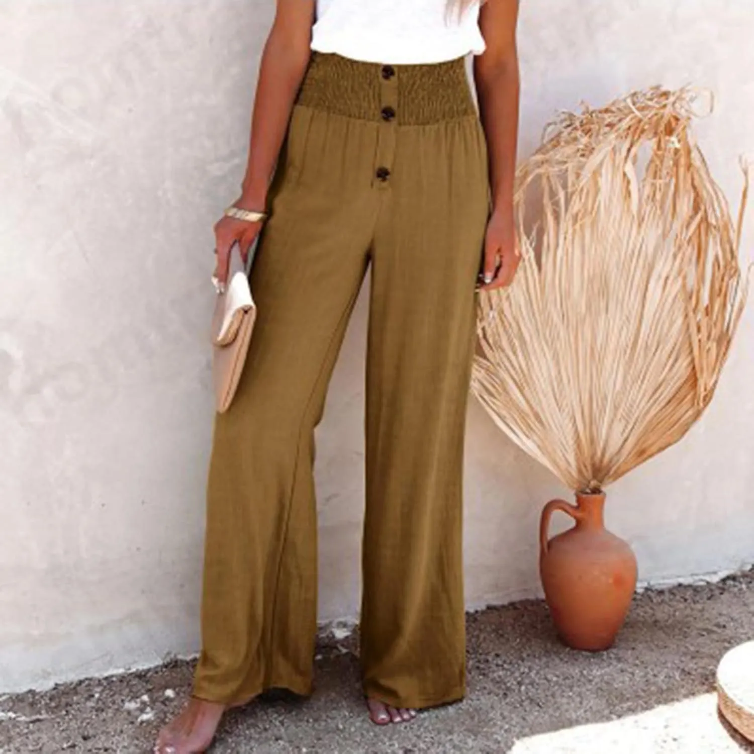 Womens Summer Linen Palazzo Pants Lounge Loose High Waist Trousers Solid Color Comfy Pants 2025 Trendy Casual Joggers