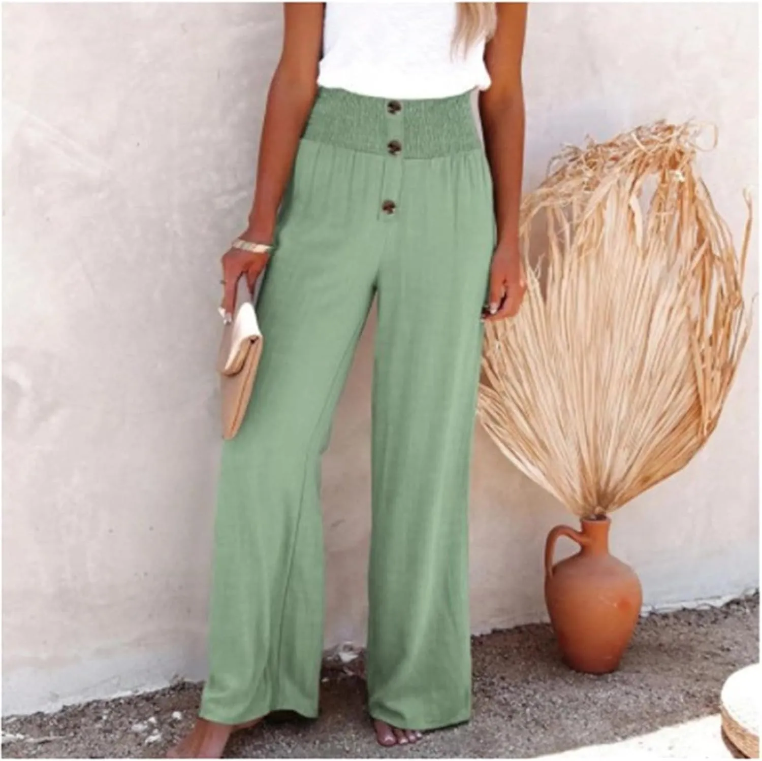 Womens Summer Linen Palazzo Pants Lounge Loose High Waist Trousers Solid Color Comfy Pants 2025 Trendy Casual Joggers