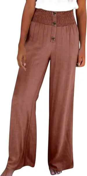 Womens Summer Linen Palazzo Pants Lounge Loose High Waist Trousers Solid Color Comfy Pants 2025 Trendy Casual Joggers