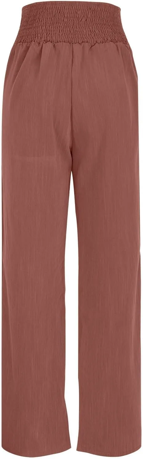 Womens Summer Linen Palazzo Pants Lounge Loose High Waist Trousers Solid Color Comfy Pants 2025 Trendy Casual Joggers