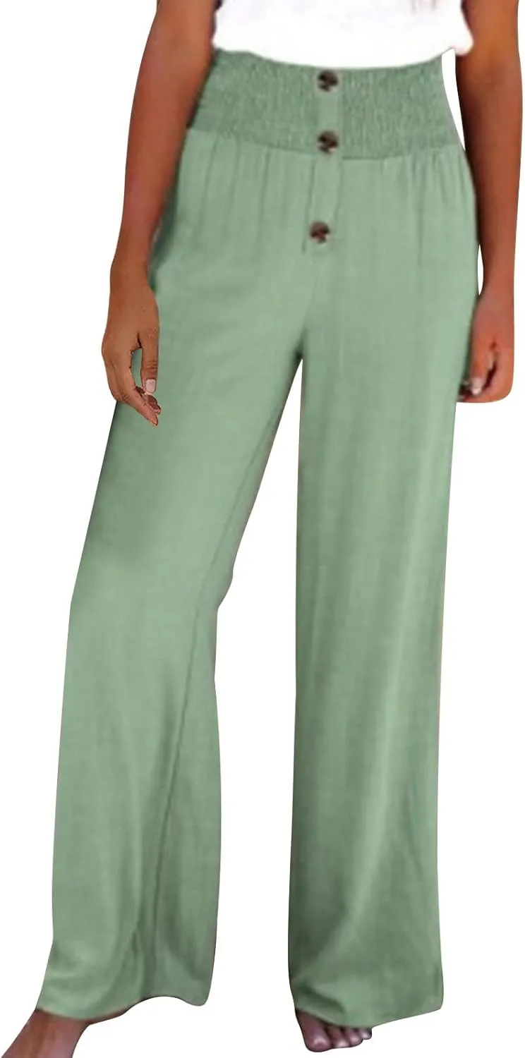 Womens Summer Linen Palazzo Pants Lounge Loose High Waist Trousers Solid Color Comfy Pants 2025 Trendy Casual Joggers
