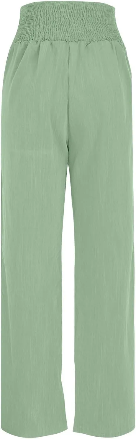 Womens Summer Linen Palazzo Pants Lounge Loose High Waist Trousers Solid Color Comfy Pants 2025 Trendy Casual Joggers