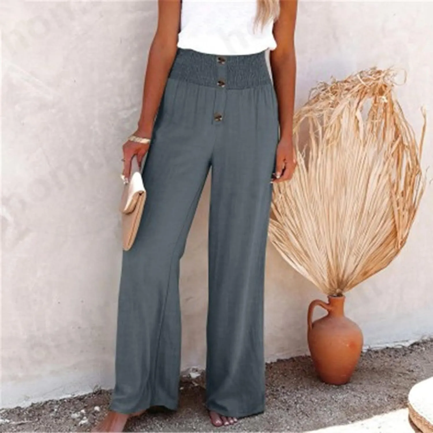 Womens Summer Linen Palazzo Pants Lounge Loose High Waist Trousers Solid Color Comfy Pants 2025 Trendy Casual Joggers