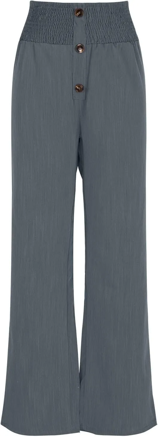 Womens Summer Linen Palazzo Pants Lounge Loose High Waist Trousers Solid Color Comfy Pants 2025 Trendy Casual Joggers