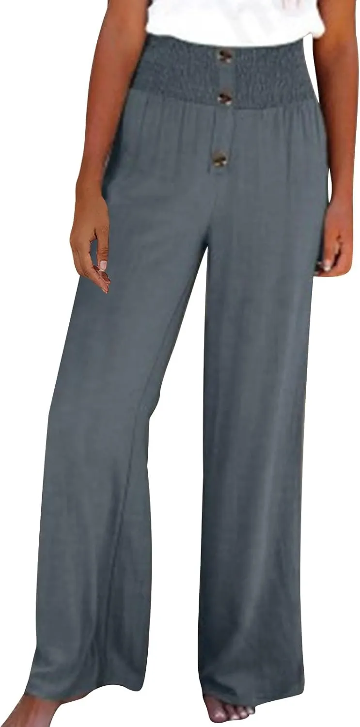 Womens Summer Linen Palazzo Pants Lounge Loose High Waist Trousers Solid Color Comfy Pants 2025 Trendy Casual Joggers