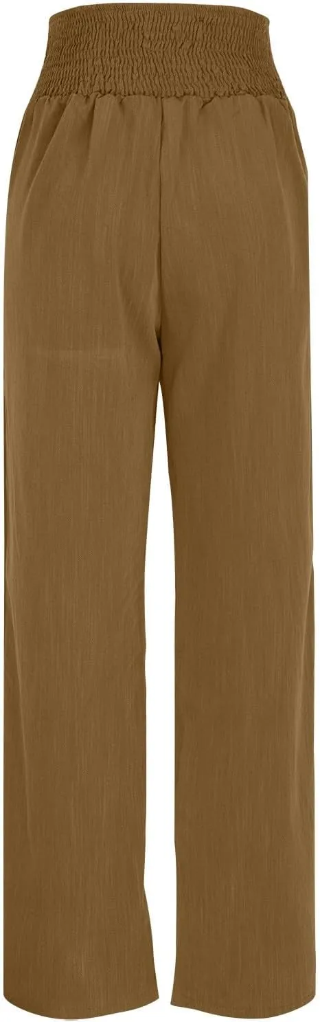 Womens Summer Linen Palazzo Pants Lounge Loose High Waist Trousers Solid Color Comfy Pants 2025 Trendy Casual Joggers