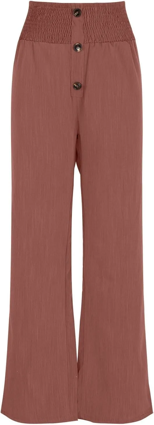 Womens Summer Linen Palazzo Pants Lounge Loose High Waist Trousers Solid Color Comfy Pants 2025 Trendy Casual Joggers