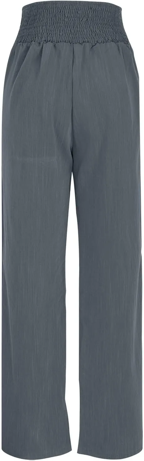 Womens Summer Linen Palazzo Pants Lounge Loose High Waist Trousers Solid Color Comfy Pants 2025 Trendy Casual Joggers
