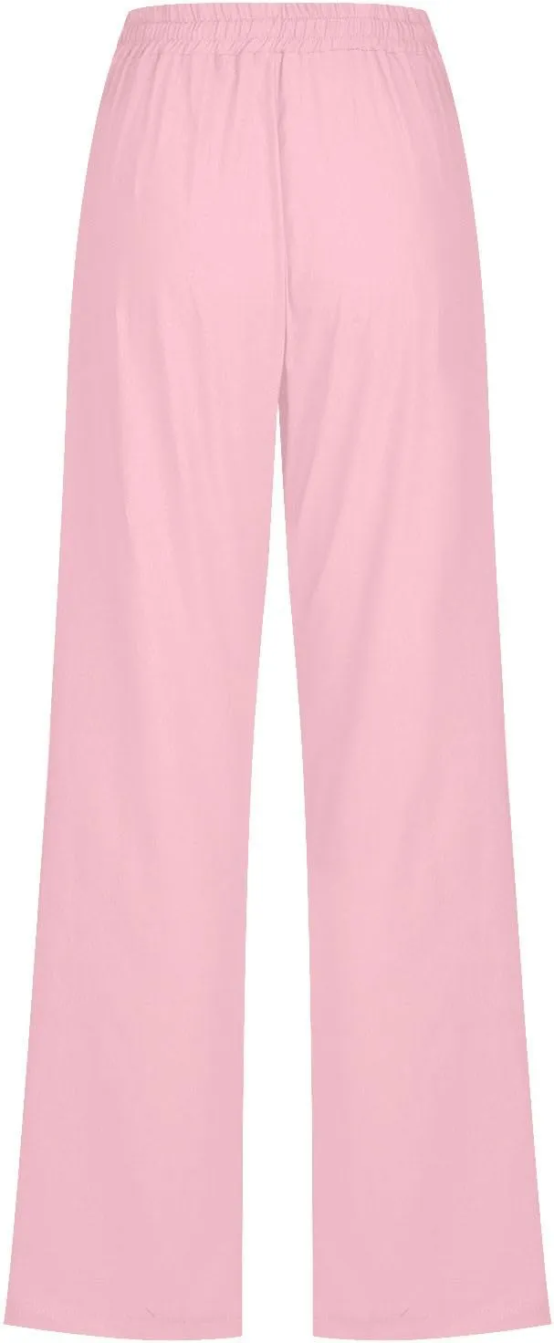 Womens Summer Linen Pants Straight Leg High Waist Palazzo Pants Loose Boho Comfy Pants Casual Trousers with Pockets