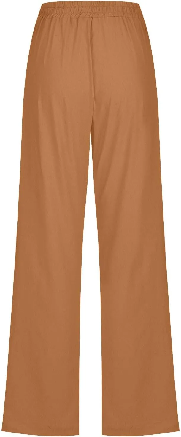 Womens Summer Linen Pants Straight Leg High Waist Palazzo Pants Loose Boho Comfy Pants Casual Trousers with Pockets